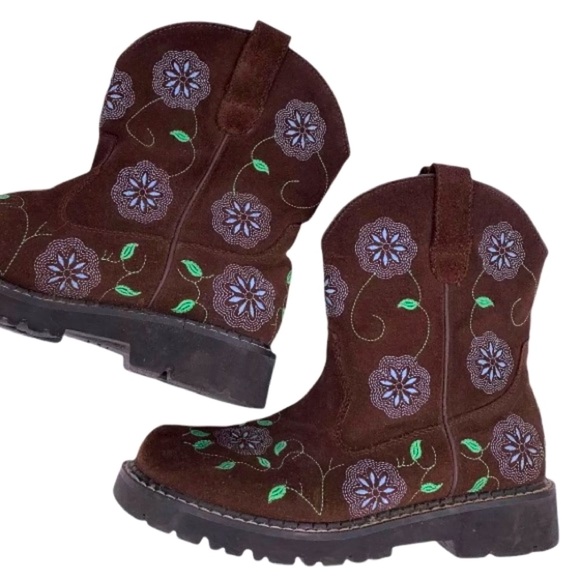 Boots ROPER Colorful Floral Brown Suede Leather Blue Green Embroidered Size 7.5 - Picture 4 of 12